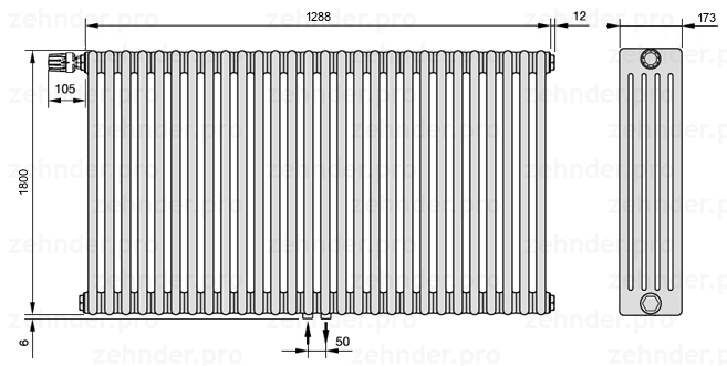Схема (чертеж) Радиатор Zehnder Charleston 5180/28 №V007 Белый глянцевый RAL 9016